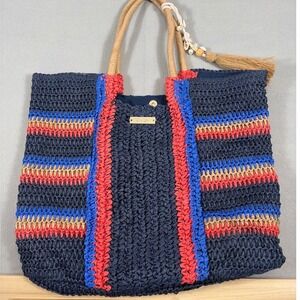 Escape Woven Straw Tote Bag Navy Blue Red Striped Beach Tassel Shell Charm Large